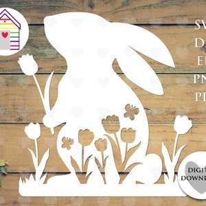 SVG Coniglio primaverile con tulipani - Coniglietto pasquale con fiori - File di taglio digitale - File EPS - PNG - Dxf - Festa della mamma - Plotter - Regali tagliati al laser