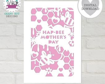 Bee Happy Mother's Day Card SVG: Papercut Design (Digital File) Bumble Bee Themed Design
