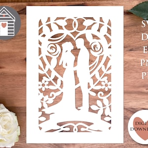 Tarjeta de felicitación de aniversario de bodas SVG para novios y novias - Archivo de corte digital - EPS - Pdf - Png - Archivo Dxf - Papel cortado DIY - Cricut - Láser