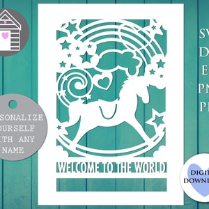 SVG Neues Baby Schaukelpferd Karte Grüße Kartendesign - Digital Cut Datei -EPS -PNG-Dxf Datei - Baby Girl - Baby Boy - Welcome to the World