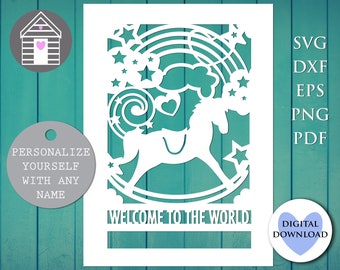 SVG New Baby Rocking Horse Card Greetings Card Design - Digital Cut File -EPS -PNG-Dxf file - Baby Girl - Baby Boy - Welcome to the World