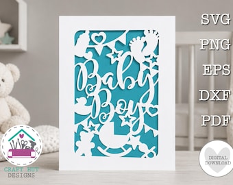 New Baby Boy Card SVG New Arrival Greetings Card Papercut Digital Laser Cut Card Template SVG Birth Card Hello Baby Cricut Cut File