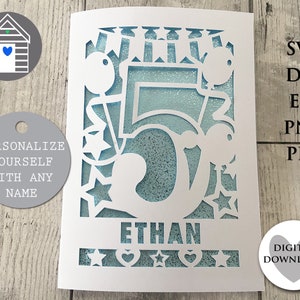 Tarjeta de feliz quinto cumpleaños SVG Archivo de corte digital EPS PNG Dxf Archivo Pdf Tarjeta de bricolaje Plantilla de corte de papel personalizada Proyecto de Cricut de corte láser Edad 5