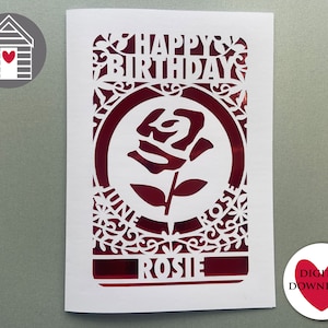 Fleur de juin, mois de naissance, rose | Personnalisez votre carte Papercut | Fichier numérique découpé-EPS-PNG-Dxf-Pdf | Modèle de Carte de joyeux anniversaire