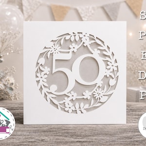 Carte pour 50e anniversaire de mariage (noces d'or) - Fichier SVG floral pour découpe laser - Compatible Cricut