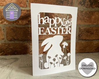 Happy Easter Bunny Card SVG Spring Rabbit with Butterfly Easter Papercut Card Template for Cricut
