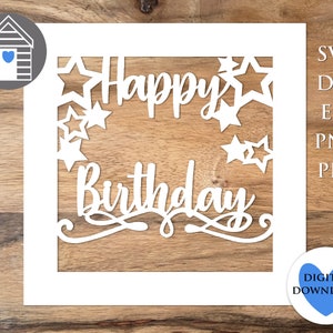 SVG Happy Birthday Card blanco leeftijdsnaam digitaal gesneden bestand EPS PNG Dxf-bestand Gepersonaliseerde kaart Diy Papercut sjabloonplotter lasergesneden Cricut