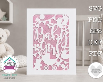 New Baby Girl Card SVG New Arrival Greetings Card Papercut Digital Laser Cut Card Template SVG Birth Card Hello Baby Cricut Cut File