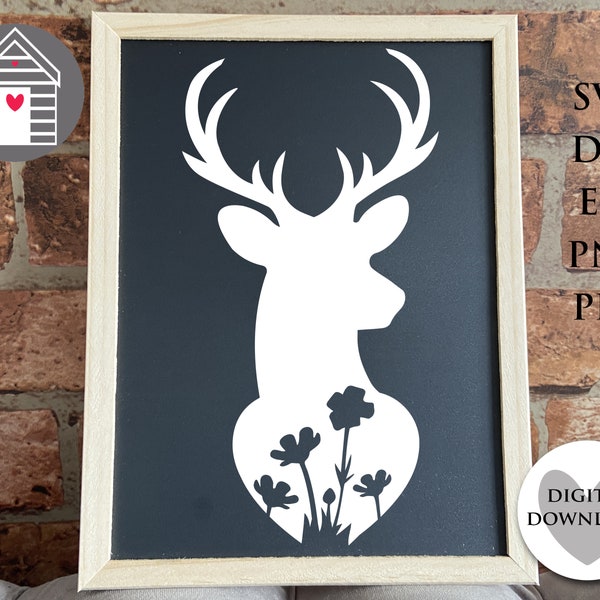 SVG Deer with Flowers - Reindeer - Stag - Digital Cut File - EPS - PNG - Dxf - Pdf file - Clip Art - Farmhouse Svg File - Deer Trophy