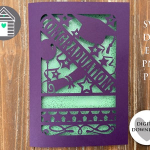 May include: A purple laser-cut card featuring the word CONGRATULATIONS, a graduation cap, a diploma, stars, and a balloon. The design is layered over a light green glittery background. Text on the right reads SVG, DXF, EPS, PNG, PDF, and DIGITAL DOWNLOAD.