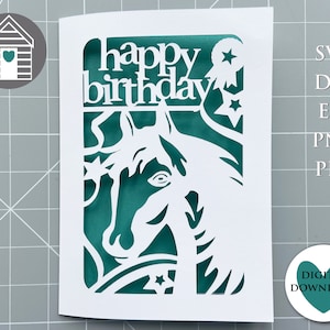 Joyeux anniversaire SVG - amateur de chevaux - jockey - cavalier - course - fichier numérique - EPS - fichier PNG-Dxf - poney - découpé au laser - carte papercut