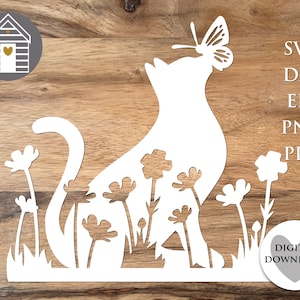 SVG kat met vlinder op neus - kat in veld van bloemenweide - digitaal snijbestand - EPS - PNG-Dxf-bestand - boerderij - Cricut-sjabloon - laser