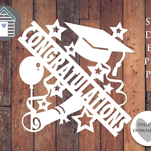 Félicitations SVG - sortant de l'école - fichier numérique - EPS - fichier PNG-Dxf - diplômé - chapeau de graduation - université - carte ou gâteau