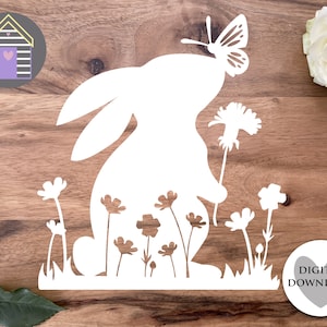 SVG Frühling Sommer Kaninchen mit Schmetterling auf der Nase - Osterhase mit Blumen in Wiese - Bauernhaus - Digital Cut File -EPS -PNG-Dxf Datei