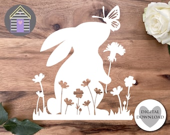 Spring Rabbit with Butterfly SVG Easter Bunny Floral Laser Cut File for Cricut Silhouette