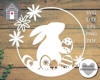 Easter Bunny SVG Laser Cut Template Rabbit Spring Flower Wreath Floral Easter Eggs for Cricut Silhouette Glowforge