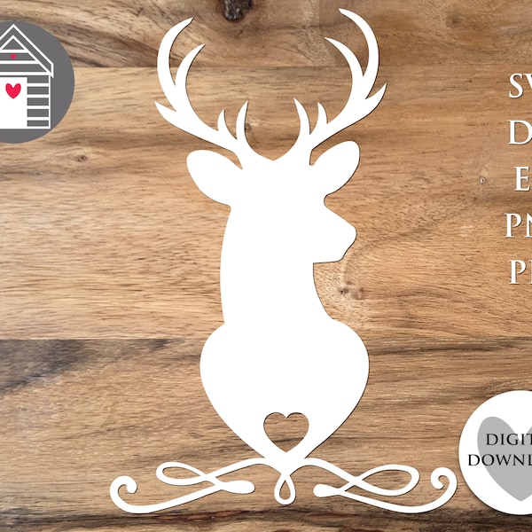 SVG Deer with Heart - Reindeer - Stag - Digital Cut File - EPS - PNG - Dxf - Pdf file - Wildlife Clip Art - Deer Trophy - Farmhouse svg