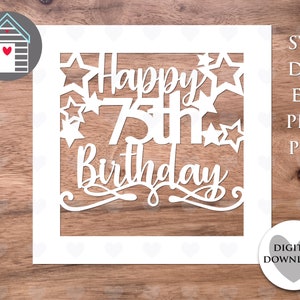 SVG lege gelukkige 75e verjaardagskaart gepersonaliseerde kaart naam toevoegen digitaal gesneden bestand EPS PNG dxf-bestand Diy Papercut kaartsjabloon Lasergesneden Cricut