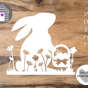 SVG Osterhase mit Korb - Kaninchen mit Blumen - Digital Cut File -EPS -PNG-Dxf Datei -