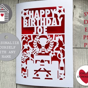SVG Formule 1 Joyeux anniversaire | Personnalisez votre carte | Fichier numérique découpé-Eps-Png-Dxf-Pdf | Voiture de course | Carte DIY Papercut