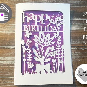 SVG alles Gute zum Geburtstag Blumenkarte | Digital Schnitt Datei -EPS -PNG-Dxf-Pdf | Machen Sie Ihre eigene Karte mit Cricut | Scherenschnitt Blumen Design | Laser-Schnitt