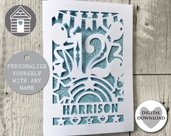 Happy 12th Birthday Card SVG DIY Papercut Template Design Age 12 Years Personalised Laser Cut File