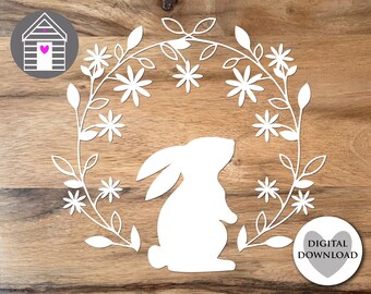 Spring Rabbit Floral Wreath SVG Easter Bunny Laser Cut File Wall Decor Wood Sign for Cricut Silhouette Glowforge