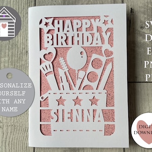 Tarjeta SVG de feliz cumpleaños con bolsa de maquillaje / Personalice su tarjeta / Archivo de corte digital - Archivo EPS - Png - Dxf - Pdf / Tarjeta DIY con Cricut / Papercut
