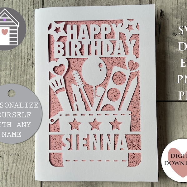 Carte de sac de maquillage joyeux anniversaire SVG | Personnalisez votre carte | Fichier de coupe numérique-EPS-fichier Png-Dxf-Pdf | Carte DIY avec Cricut | Papier découpé