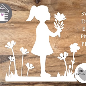 SVG Girl Giving Flowers - Digital Cut File -EPS -PNG-Dxf file - Mother&#39;s Day Gift for Mum Mom Mam Mummy Momma - Surprise Gift - Plotter File