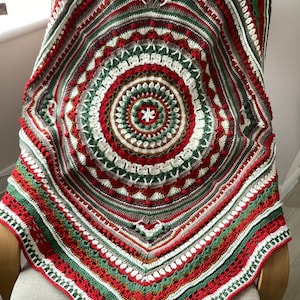 Green and Red Mandala Blanket / Crochet Mandala Throw