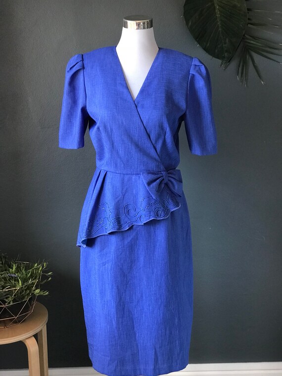 Royal Blue 1980s Asymmetrical Peplum Power Dress - image 9