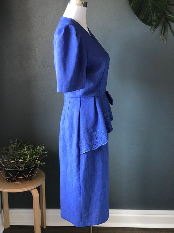 Royal Blue 1980s Asymmetrical Peplum Power Dress - image 6