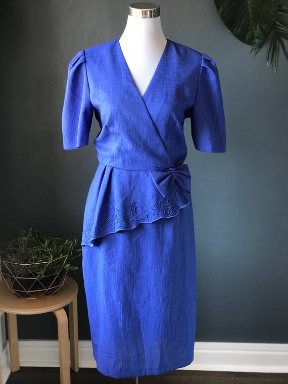 Royal Blue 1980s Asymmetrical Peplum Power Dress - image 2