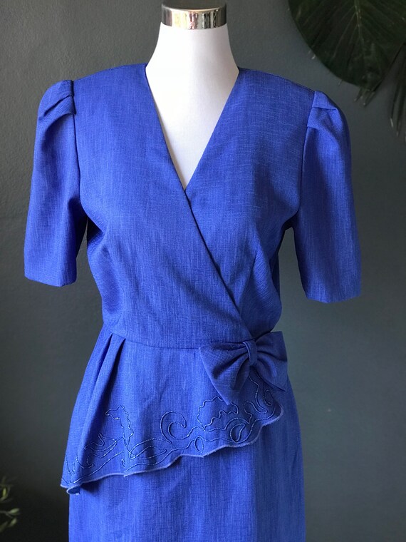 Royal Blue 1980s Asymmetrical Peplum Power Dress - image 3