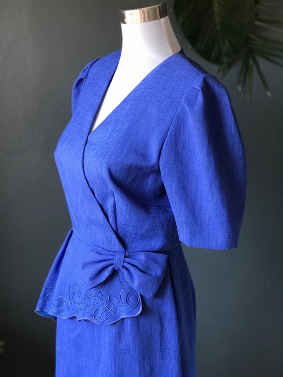 Royal Blue 1980s Asymmetrical Peplum Power Dress - image 8
