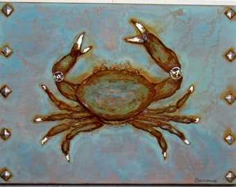 Crab Original Art Nautical Decor Maryland Crab Painting Rust and Patinas Sculpted Mixed Media real tools and blades by Elese Whall