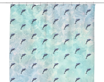 Vapor Wave Dolphin Shower Curtain | Funny Retro Bath Curtains | Blue Nautical Ocean Dorm Bathroom Decor