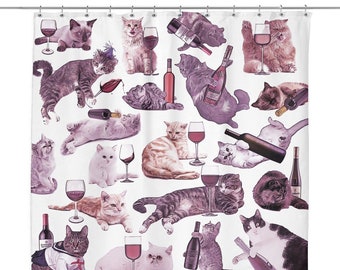 Cats with Wine Shower Curtain | Funny Unique Bathroom Dorm Decor | Cat Lover Bath Curtain, Funny Housewarming Gift