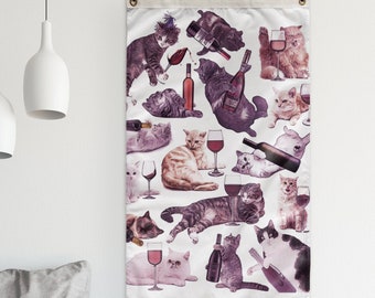 Cats with Wine Flag - 36x60" - Funny Animal Tapestry, Unique Boho Wall Hanging Cat Lover Home Decor, Funny College Dorm Decor, Meme Wall Art