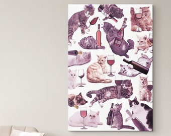 Cats with Wine Canvas Print - Funny Home / Dorm Decor - Housewarming Gift for Cat Lovers