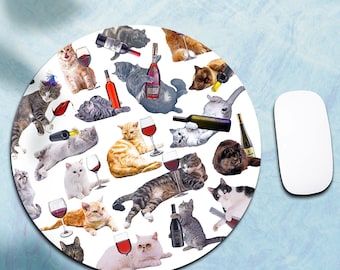 Cats and Wine Circle Mouse pad - Funny Cat Mousepad, Meme Desk Mat, Funny Gaming Mousepad, Gift for Cat Lover, Humor Laptop Accessories