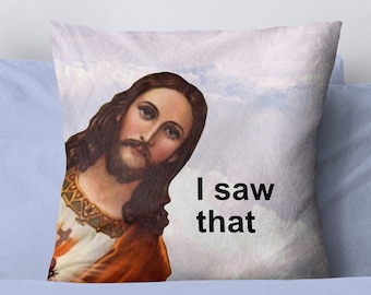 Jesus Meme Throw Pillow - Funny Cushion Cover + Insert, Christian Meme Living Room Decor, College Dorm Accent Pillow 14" 16" 18"
