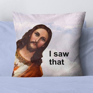 Jesus Meme Throw Pillow - Funny Cushion Cover + Insert, Christian Meme Living Room Decor, College Dorm Accent Pillow 14" 16" 18"