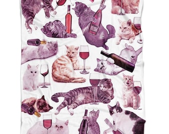 Gatos con manta de lana de vino - Decoración del hogar divertida y única - Regalo para los amantes de los gatos - Regalos de La dama del gato loco - Manta divertida de dormitorio púrpura