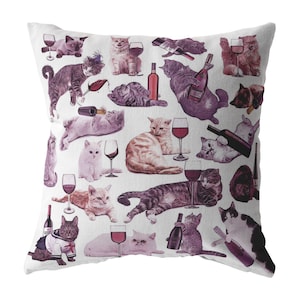 Cats with Wine Throw Pillow / Pillow Cover / Pillowcase | Funny Home Decor | Cat Lover Gifts Dorm Decorative Pillows 16x16 18x18 20x20 26x26