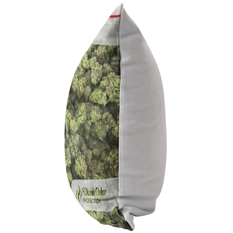 Peut inclure: Un oreiller blanc avec un motif de feuille de marijuana verte. L'oreiller a une fermeture &eacute;clair blanche et les mots "Dank Odor Protection" imprim&eacute;s en bas.