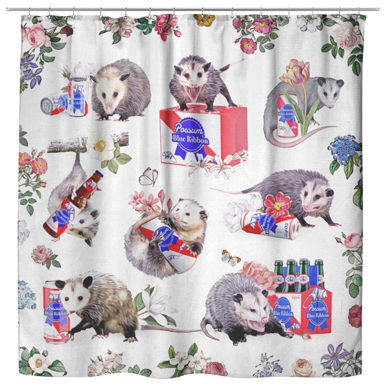 Shower Curtain with possums holding cans and bottles of beer with a floral border