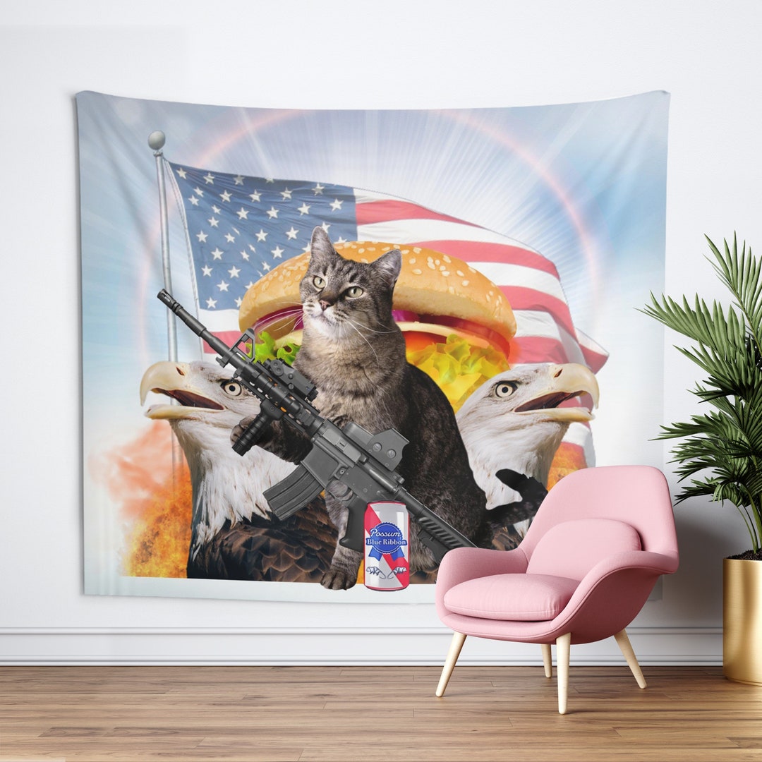 Patriotic Cat Wall Tapestry America Cat Meme Wall Art, Funny College