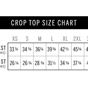 May include: Crop top size chart with measurements in inches for chest and waist for sizes XS, S, M, L, XL, 2XL, and 3XL.